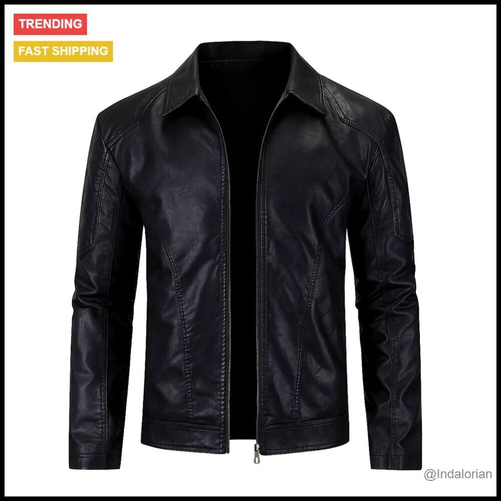 Men's Faux Leather Motorcycle Jacket Turn Down Collar Biker Coat